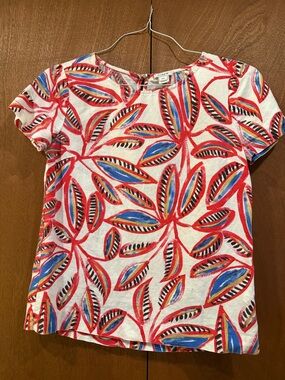 J. Crew White Short Sleeve Tee with Red, Blue & Black Leaf Print